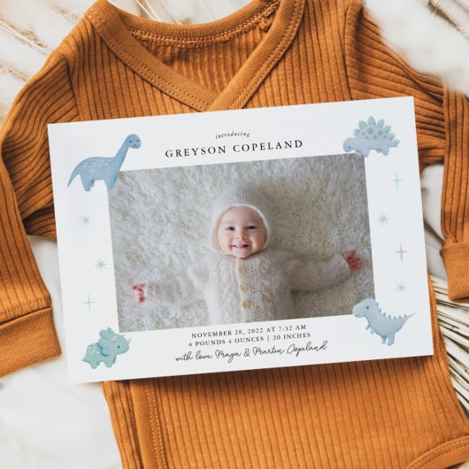 Blue Dinosaur Boy Baby Foto Geburtsankündigung Ankündigung