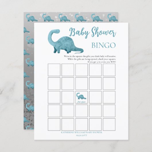 Blue Dinosaur Boy Baby Shower Bingo Card (Vorne/Hinten)