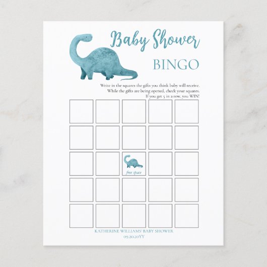 Blue Dinosaur Boy Baby Shower Bingo Card (Vorderseite)