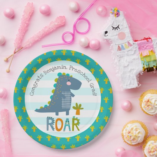 Blue Dinosaur Boy Preschool Graduation Whimsical Pappteller (Party)