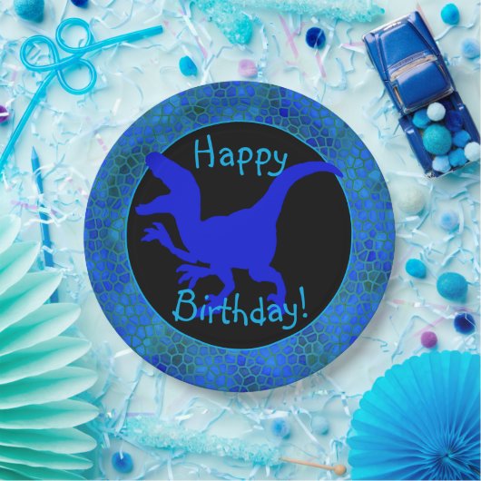 Blue Dinosaur Hide Happy Birthday! Pappteller (Party)