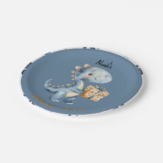 Blue Dinosaur Rawr Birthday Cake Paper Plate Pappteller (Schrägansicht)