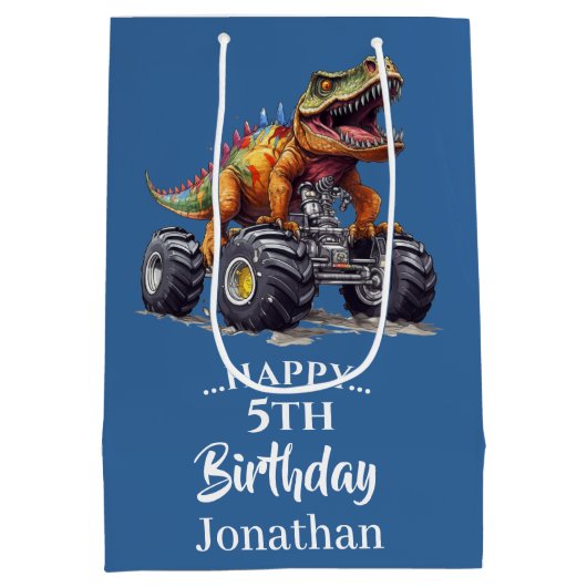 Blue Dinosaur T-Rex Monster Truck, Mittlere Geschenktüte (Rückseite)