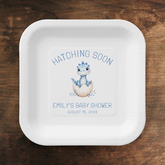 Blue Dinosaur Watercolor Hatching Soon Baby Shower Pappteller