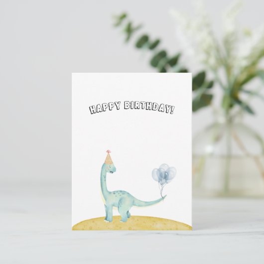 Blue Dinosaur With Balloons Happy Birthday Card Postkarte (Stehend Vorderseite)