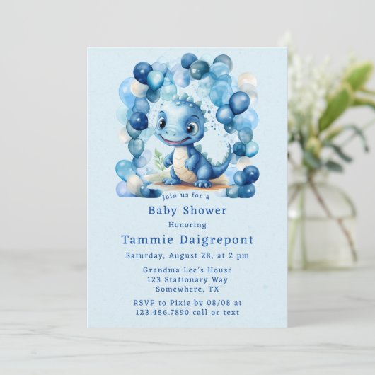 Blue Dinosaurier & Balloons Boy Baby Dusche Einladung (Stehend Vorderseite)