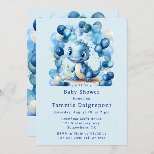 Blue Dinosaurier & Balloons Boy Baby Dusche Einladung (Vorne/Hinten)