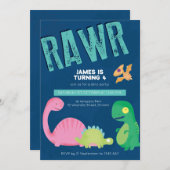 Blue Dinosaurier Birthday Invite Einladung (Vorne/Hinten)