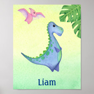 Blue Dinosaurier Boy's Name Kinderzimmer Watercolo Poster