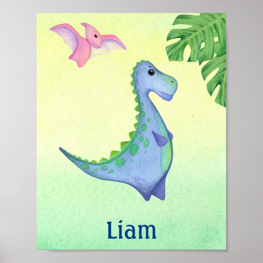 Blue Dinosaurier Boy's Name Kinderzimmer Watercolo Poster (Vorne)
