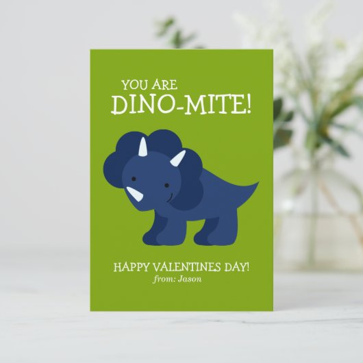 Blue Dinosaurier Kids School Valentines Einladung (Stehend Vorderseite)