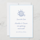 Blue Disco Ball Doodle Simple Fun Script Wedding Save The Date (Vorderseite)