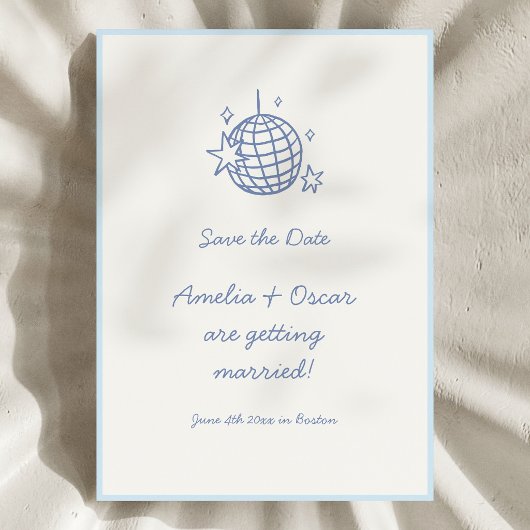 Blue Disco Ball Doodle Simple Fun Script Wedding Save The Date
