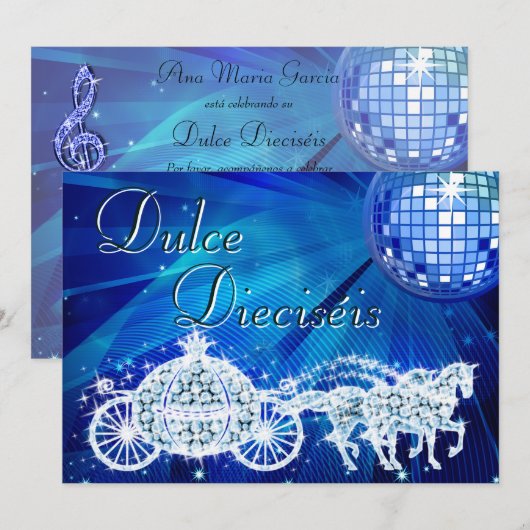 Blue Disco Ball, Princess Coach & Horses Sweet 16 Einladung (Vorne/Hinten)