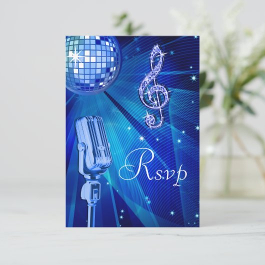 Blue Disco Ball & Retro Microphone UAWG RSVP Karte (Stehend Vorderseite)