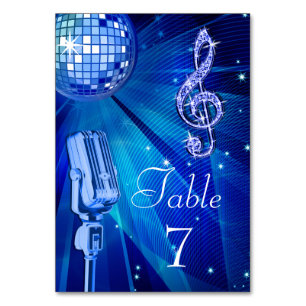 Blue Disco Ball und Retro Microphon Tischnummer