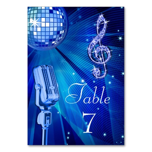 Blue Disco Ball und Retro Microphon Tischnummer (Vorderseite)