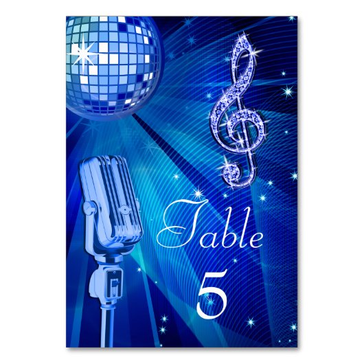 Blue Disco Ball und Retro Microphon Tischnummer (Vorderseite)