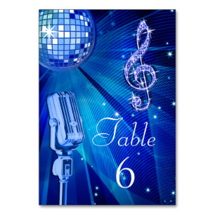 Blue Disco Ball und Retro Microphon Tischnummer
