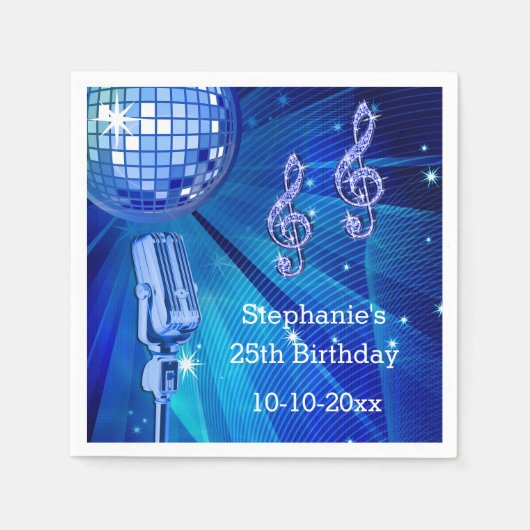 Blue Disco Ball und Retro Microphone 25. Geburtsta Serviette (Vorderseite)