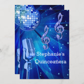 Blue Disco Ball und Retro Microphone Quinceañera Einladung (Vorne/Hinten)
