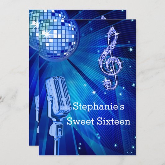 Blue Disco Ball und Retro Microphone Sweet 16 Einladung (Vorne/Hinten)