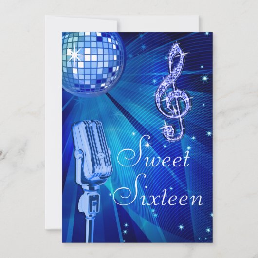 Blue Disco Ball und Retro Microphone Sweet 16 Einladung (Vorderseite)