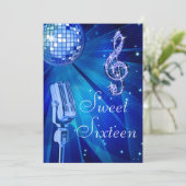Blue Disco Ball und Retro Microphone Sweet 16 Einladung (Stehend Vorderseite)
