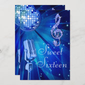 Blue Disco Ball und Retro Microphone Sweet 16 Einladung (Vorne/Hinten)