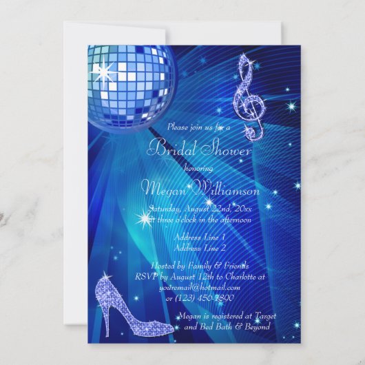 Blue Disco Ball und Sparkone Heelses Brautparty Einladung (Rückseite)