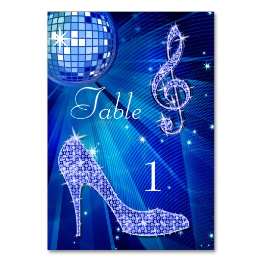 Blue Disco Ball und Stiletto Shoe Doppelseitig Tischnummer (Vorderseite)