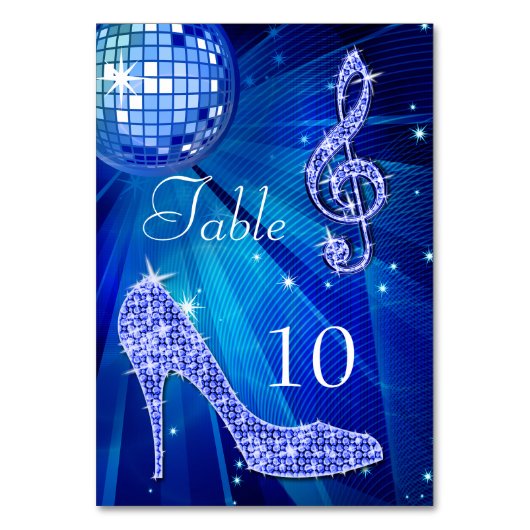 Blue Disco Ball und Stiletto Shoe Doppelseitig Tischnummer (Vorderseite)