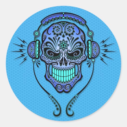 Blue DJ Sugar Skull Runder Aufkleber (Vorderseite)
