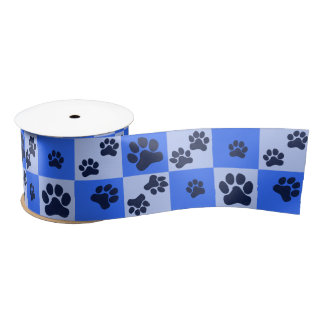 Blue Dog Paw Print Checkerboard Satinband