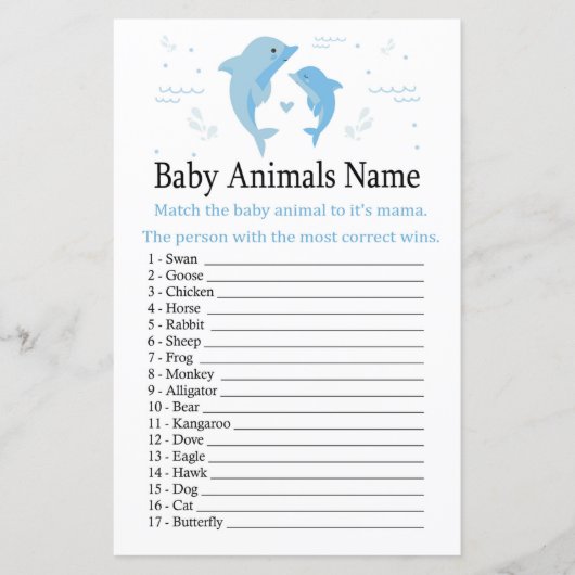 Blue Dolphin Baby Animals Name Game (Vorderseite)