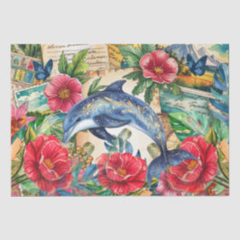 Blue Dolphin Tropical Floral & Butterfly Decoupage Seidenpapier
