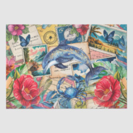 Blue Dolphin Tropical Floral & Butterfly Decoupage Seidenpapier