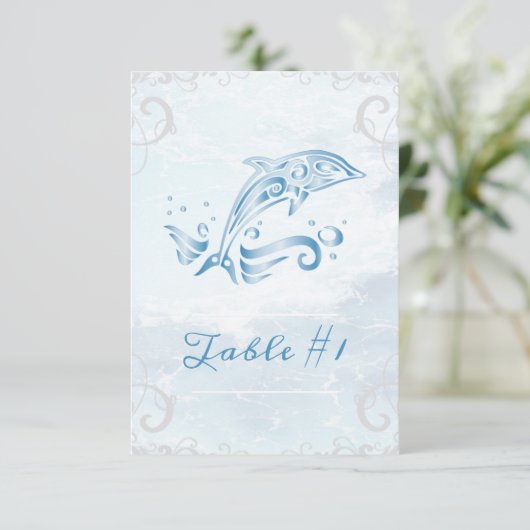 Blue Dolphin Wedding Table Card Einladung (Stehend Vorderseite)