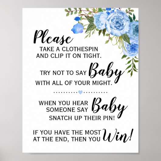 Blue Don't say baby game baby dusche sign Poster (Vorne)