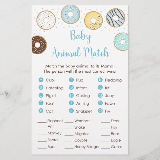 Blue Donut Baby Shower Animal Match Game (Vorderseite)