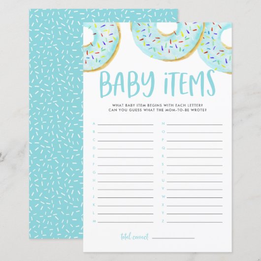 Blue Donuts rät die Babyartikel Babydusche Spiel (Vorne/Hinten)