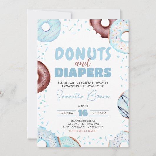 Blue Donuts und Diapers Baby Dusche Einladung (Vorderseite)