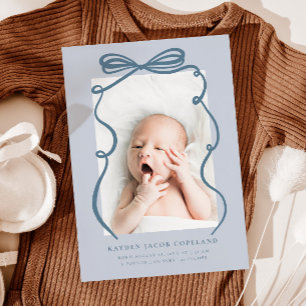 Blue Doodle Bow Frame Birth Ankündigung Foto