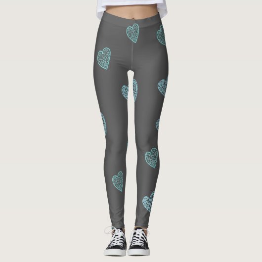 Blue Doodle Hearts Gray Leggings (Vorderseite)