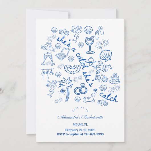 Blue Doodle Tropical Bachelorette Einladung (Vorderseite)