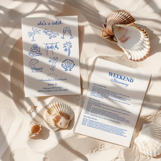 Blue Doodle Tropical She's a Catch Bachelorette Einladung