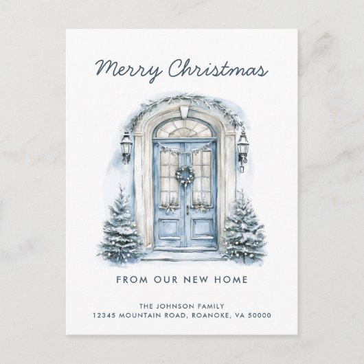 Blue Door Frohe Weihnachten von New Zuhause Ankündigungspostkarte (Vorderseite)