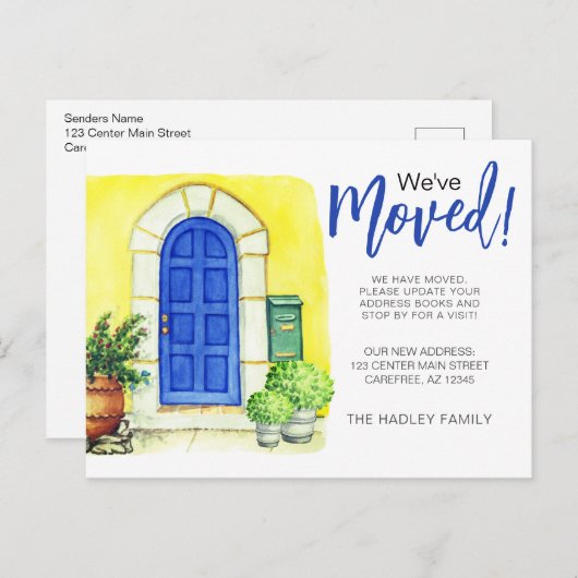 Blue Door Weve Moved Ankündigungspostkarte (Vorne/Hinten)