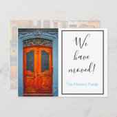 Blue Door Wir haben Chic Modern Script verschoben Ankündigungspostkarte (Vorne/Hinten)