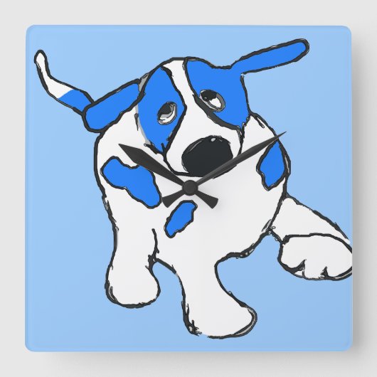 Blue Dot Dog Quadratische Wanduhr (Vorderseite)